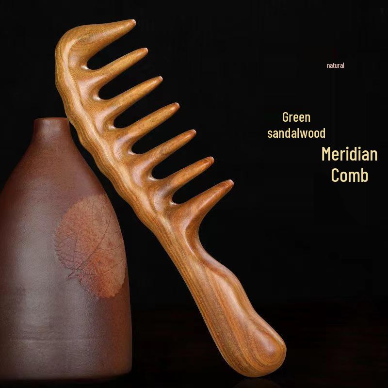 Goldener Sandelholz Kamm mit kurzem Griff und breiten Zinken für Kopf-, Schulter-, Nackenmassage & dauergewelltes lockiges Haar - Damengeschenkkamm