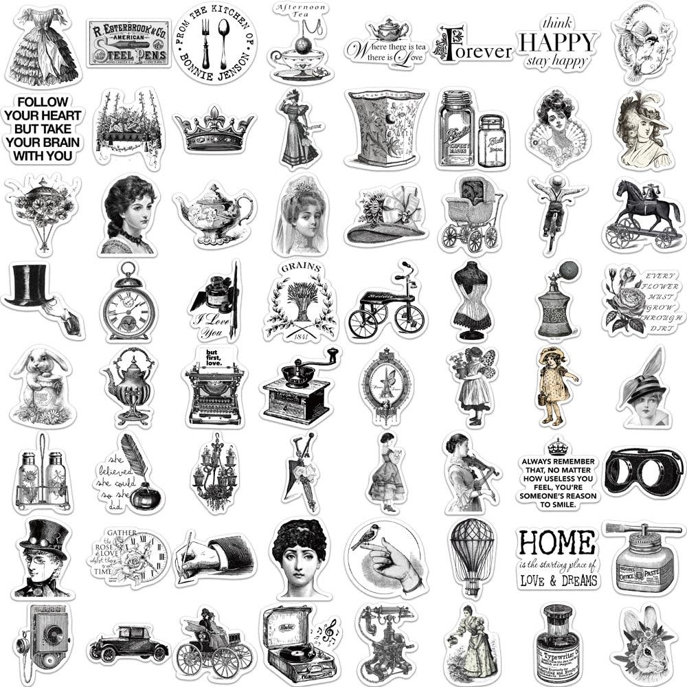 10/64pcs Retro Black White Art Stickers Vintage Cartoon Graffiti Stickers for DIY Luggage Laptop Skateboard Motorcycle Bicycle Sticker