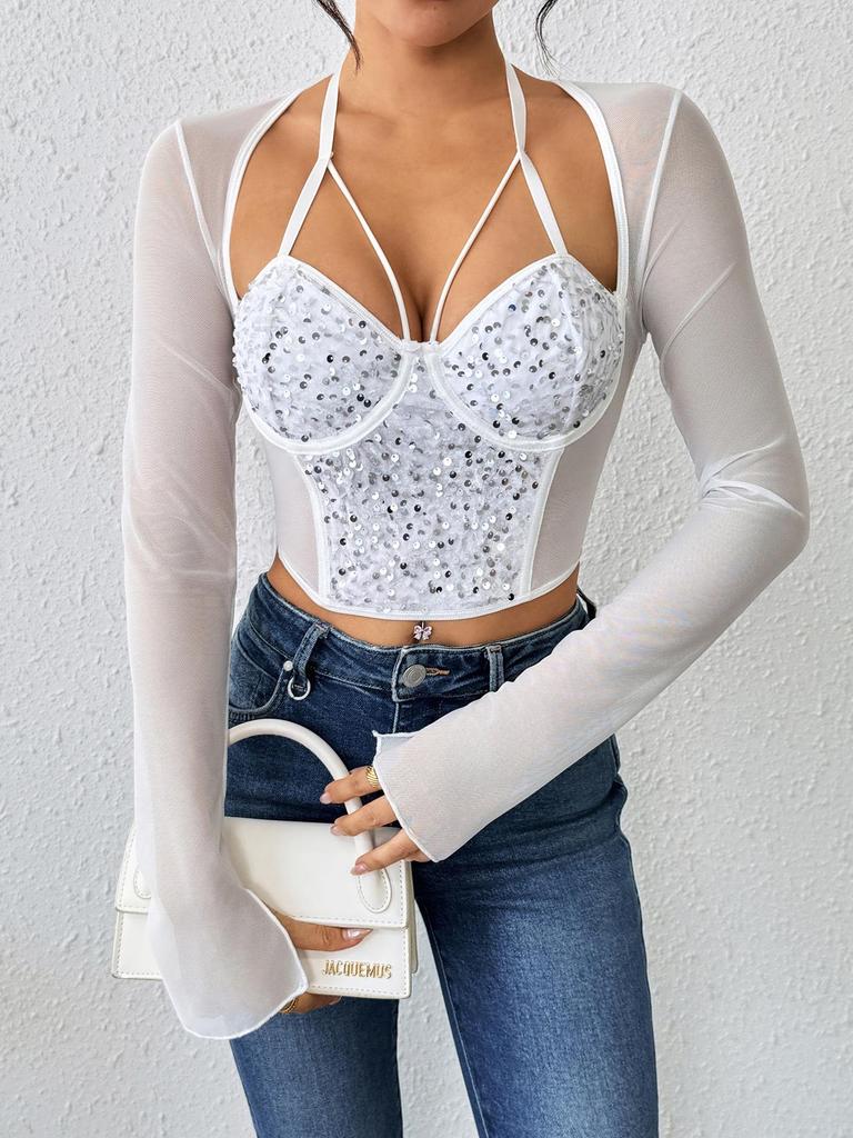 Summer Sexy Slim Fit Lace Chiffon Top with Steel Ring and Fishbone Design for a Spicy Look