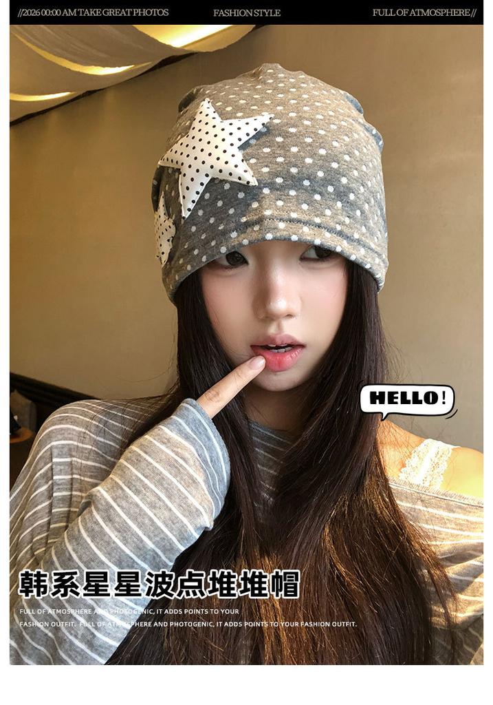 Star Polka Dot Stack Hat Women's Spring and Summer Thin Breathable Big Head Circumference Showing Face Small Sweet Versatile Bag Head Hat