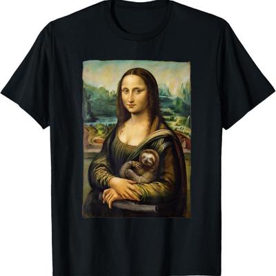 Mona Lisa Holding Sloth Portrait Art Painting T-Shirt
