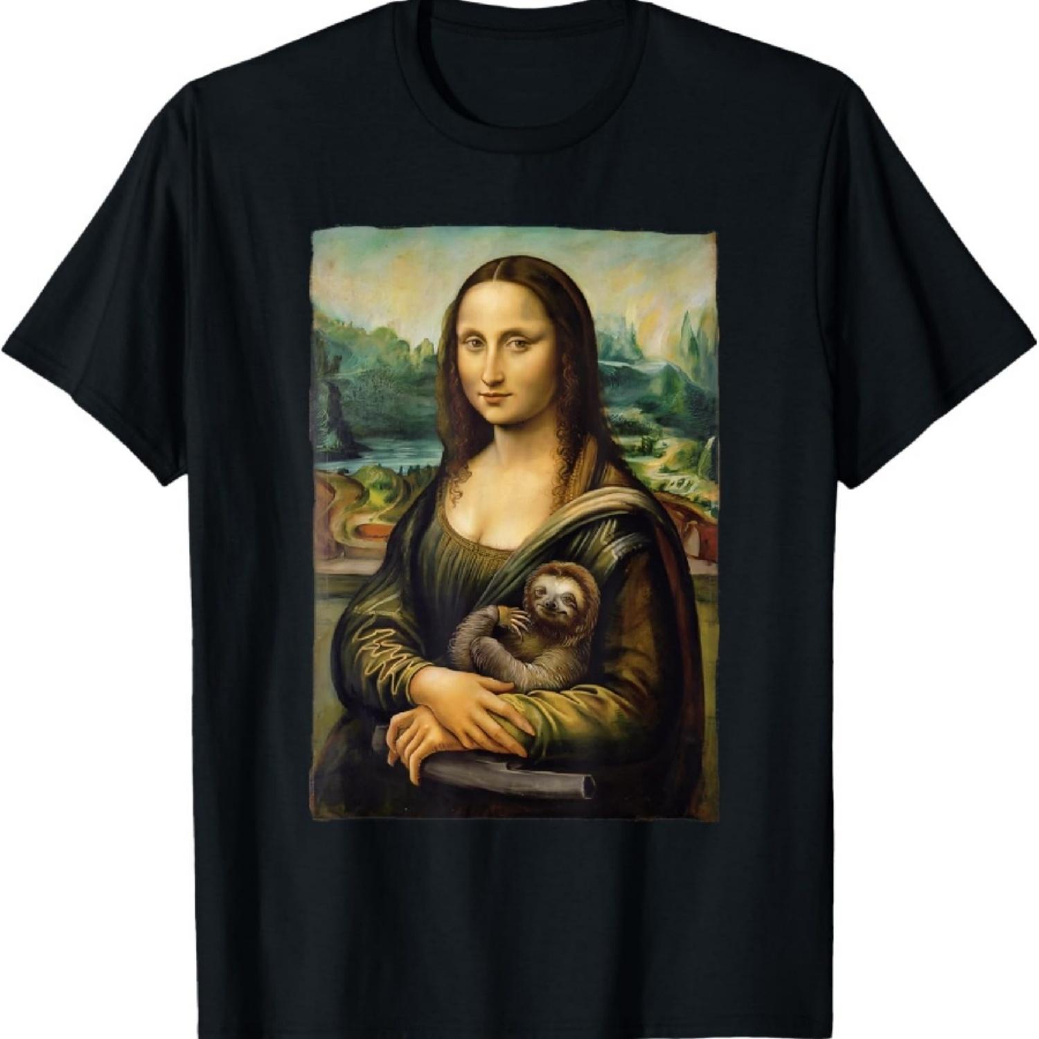 Футболка с изображением Моны Лизы, держащей ленивца. XXXXXL чёрный