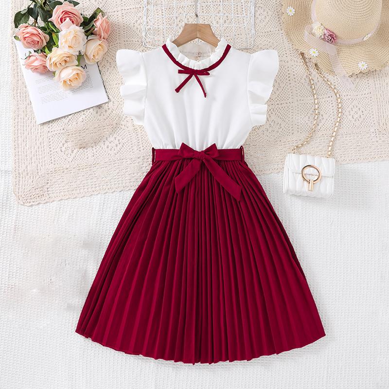 Dívčí šaty Dětské oblečení 2025 Letní nový styl Volánový rukáv Barevně blokovaný Temperamentní Skládaná sukně