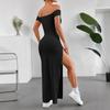 Retro elegant one-word shoulder short-sleeved side-split dress, high-waisted slim-fitting and thin hip-wrapped evening dress
