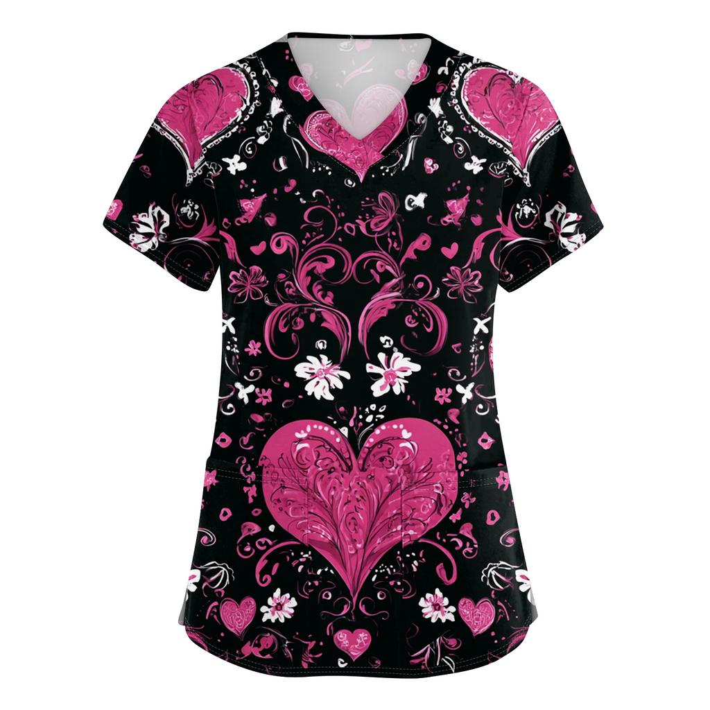 Women's V,neck Valentine's Day Printed Short,sleeved Pocket Side,slit Protective Suit Top