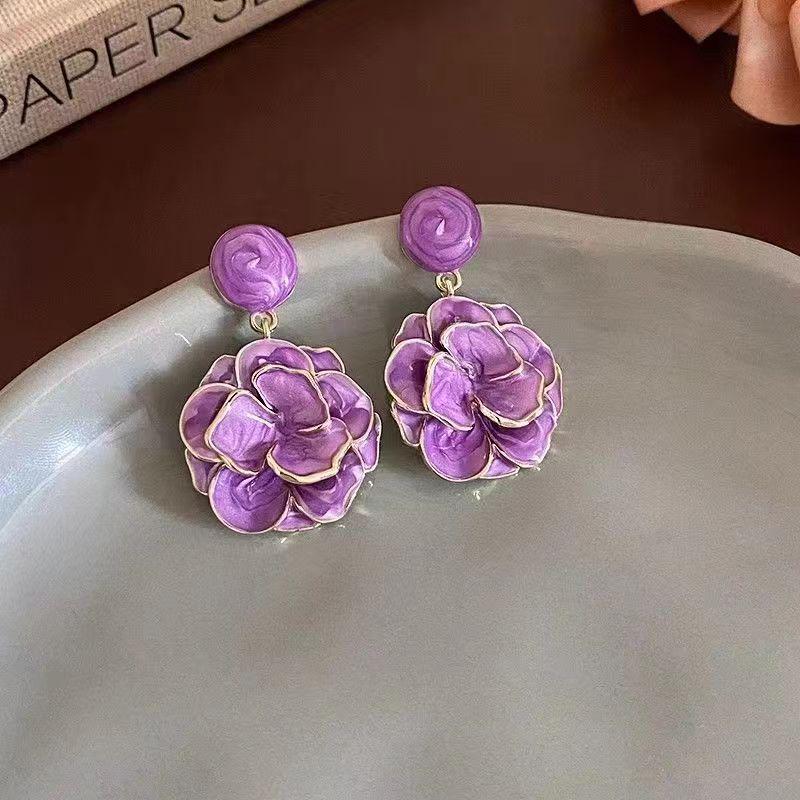 2024 New Exaggerated Purple Flower Drop Earrings - Women's Vacation Style, Creamy Hue, High-End Chic
