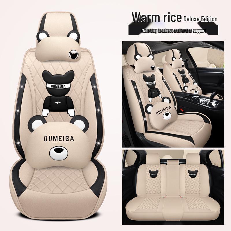 Star Chi Elantra Linen Cartoon Bear Car Seat Cushion - Four Seasons Suitable