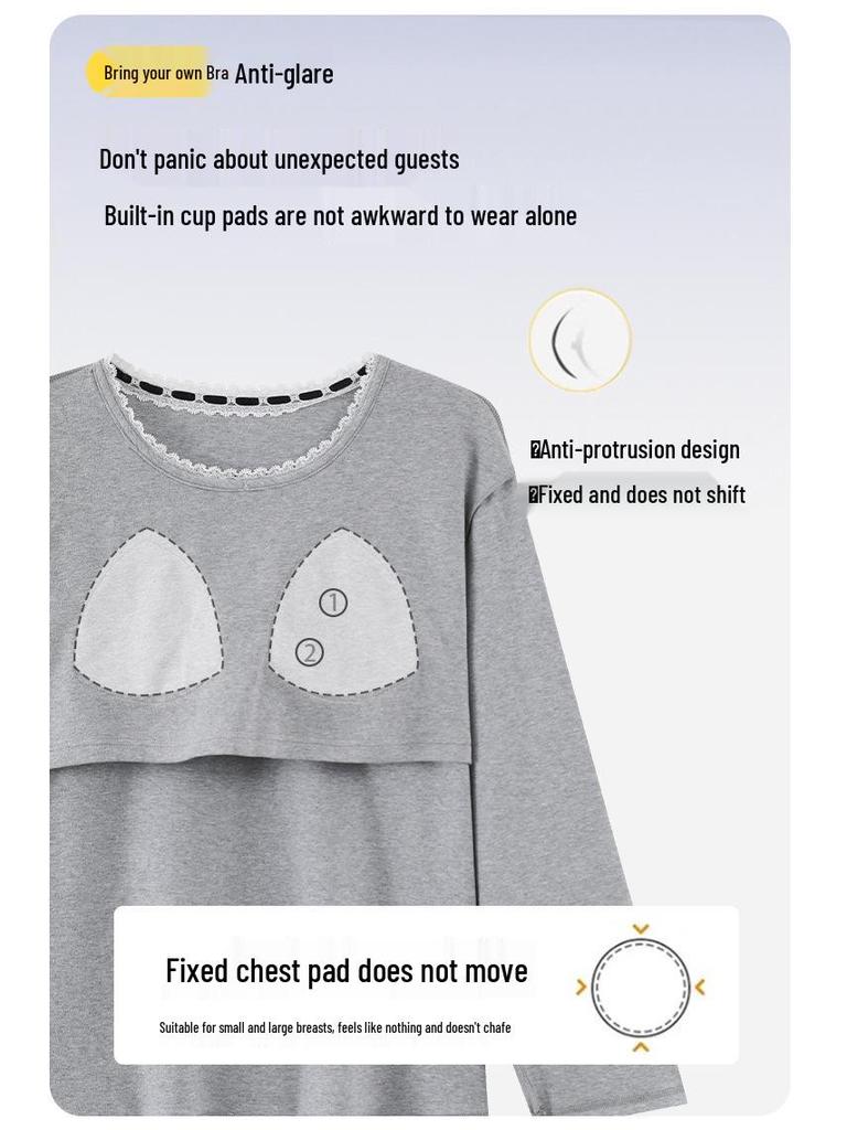 Women's Cute Cartoon Cotton Pajama Set with Chest Pad – Long Sleeve & Pants for Spring/Autumn