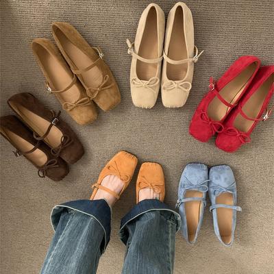 Suede Square Head Single Shoes Women's Spring and Autumn New Bow Commuter Flat Mary Jane Shoes