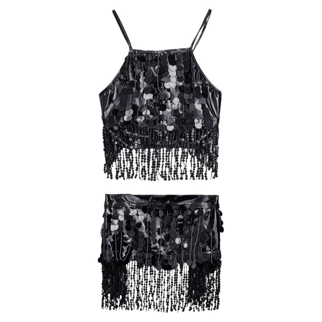 2 Deler, BH med paljettdusker, Topp med frynser, Magedansskjørt, Karneval, Klubb, Kostymer