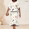 Women Plus Size Round Neck Batwing Short Sleeve Printed Ruffle Hem Top Fishtail Skirt Two Piece Set