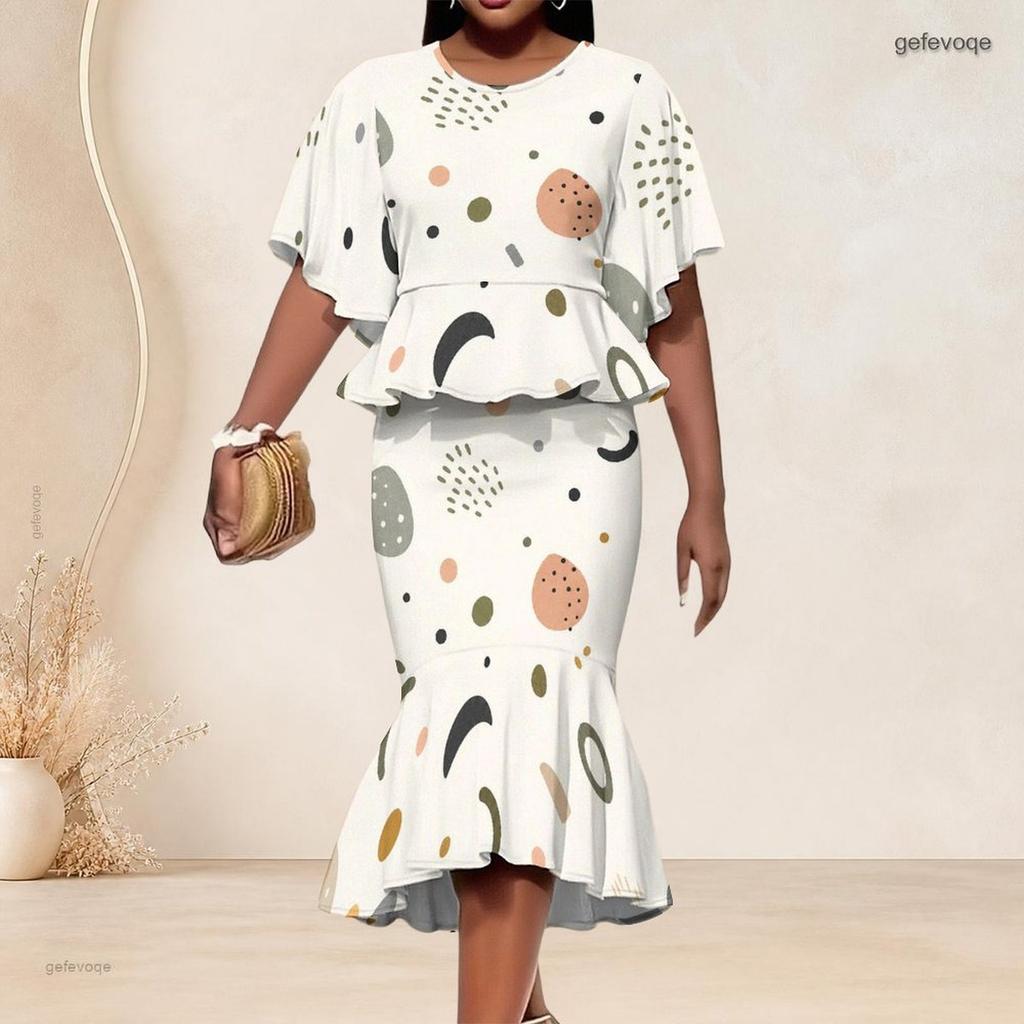 Women Plus Size Round Neck Batwing Short Sleeve Printed Ruffle Hem Top Fishtail Skirt Two Piece Set