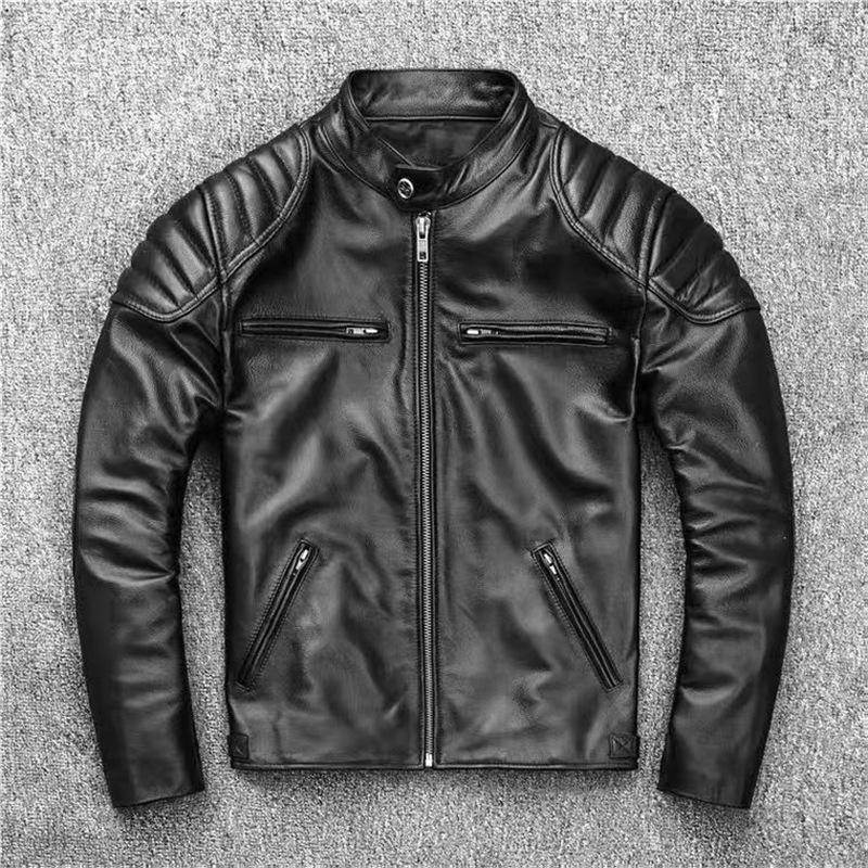 New retro cowhide pattern jacket retro and old leather jacket men's stand-up collar locomotive clothing short slim jacket jacket trendy