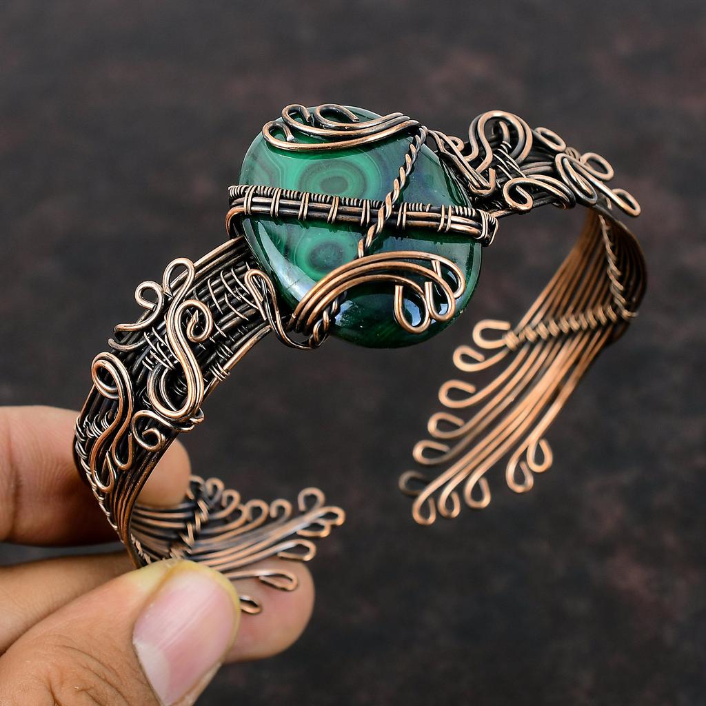 Malachite Cuff Bracelet Copper Wire Wrapped Bangle Adjustable Bangle Handmade Jewelry Gemstone Bracelet Antique Copper Jewelry Wedding Gift
