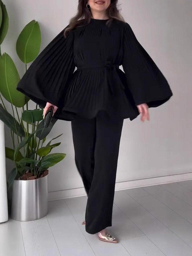 2024 Solid Color Pleated Ruffle Hem Loose Casual Long Pants Set