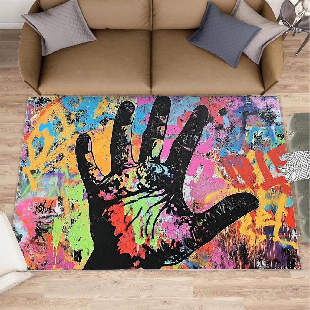 Abstract Hand Graffiti Carpet Colorful Creative Home Decor Living Room Rug Modern Art Non-Slip Floor Mat for Bedroom Kitchen