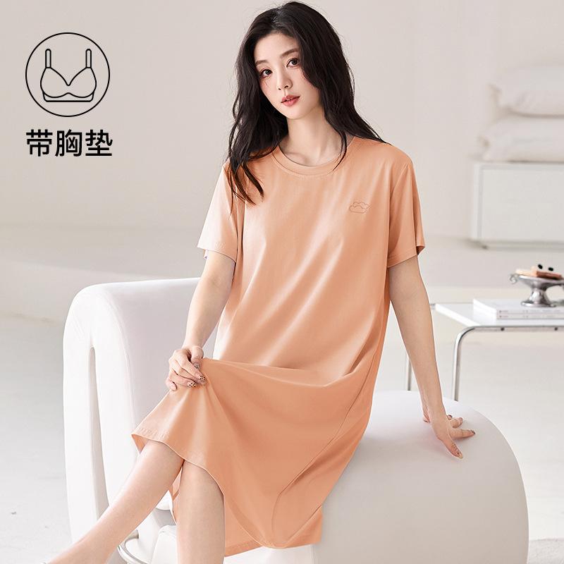 nightgown with chest pad women's summer pure cotton short-sleeved medium and long dress simple solid color summer can wear loungewear