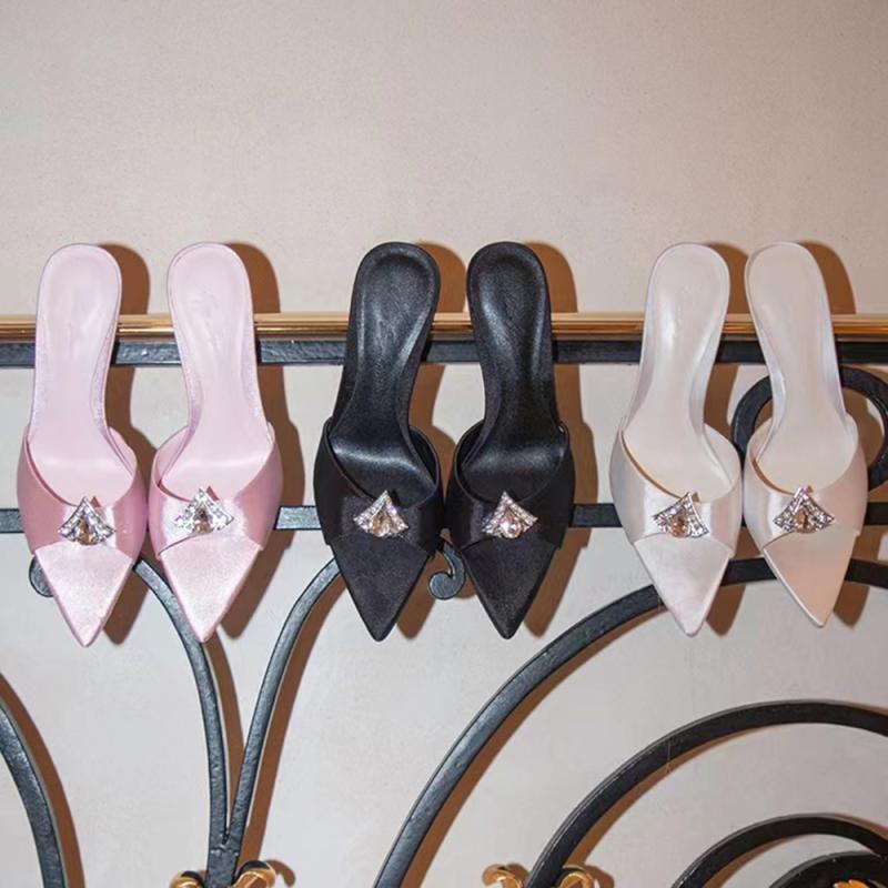 35-42 Large Size Pointed High-heeled Sandals Female Summer 2025 New Satin Rhinestones Fairy Wind Fine Heel Word