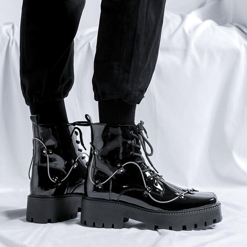 Niche British Style Platform Derby Shoes Square Head Bright Leather Men's Business Casual Retro Boots