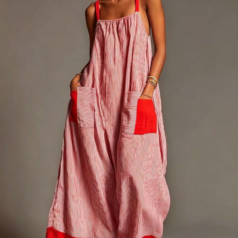 Europäischer Stil Gestreiftes High-End Spaghettiträger Maxikleid Sommer Elegant Urlaub Damenbekleidung