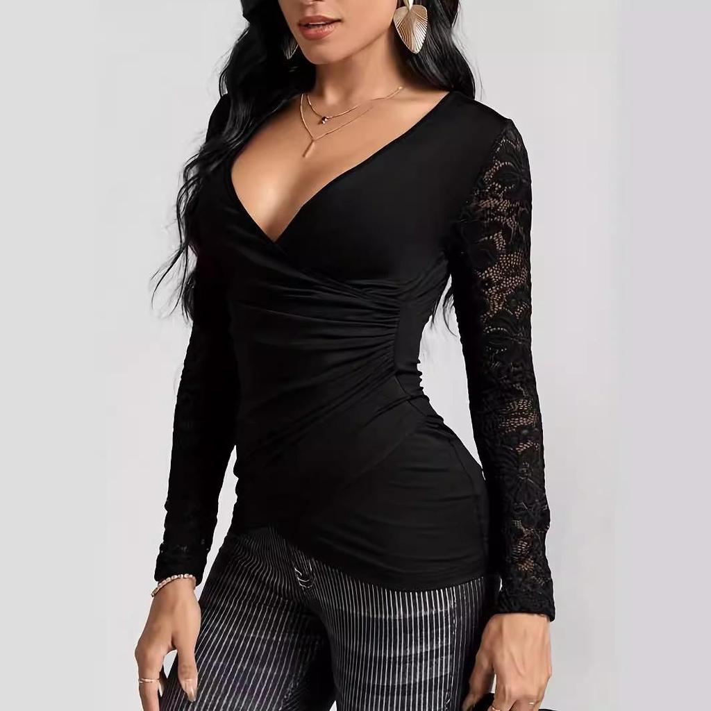 2024 Autumn/Winter Slim Fit Solid Color T-Shirt with Lace Sleeves for Women