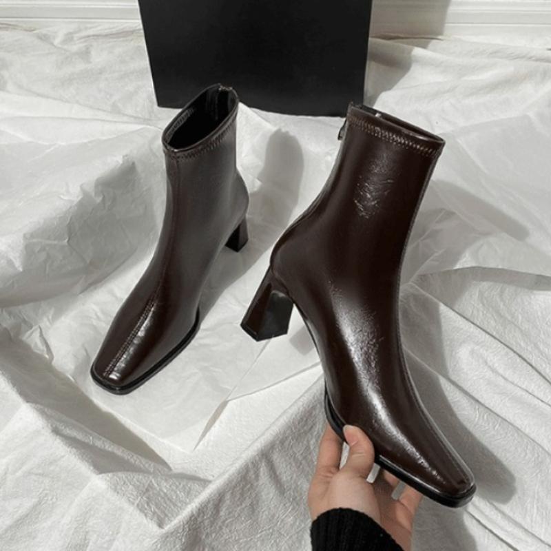 Vintage Square Toe Thick Heel Women Ankle Boots Autumn Winter Female Shoes Street Style Banquet Party Short Botas Mujer