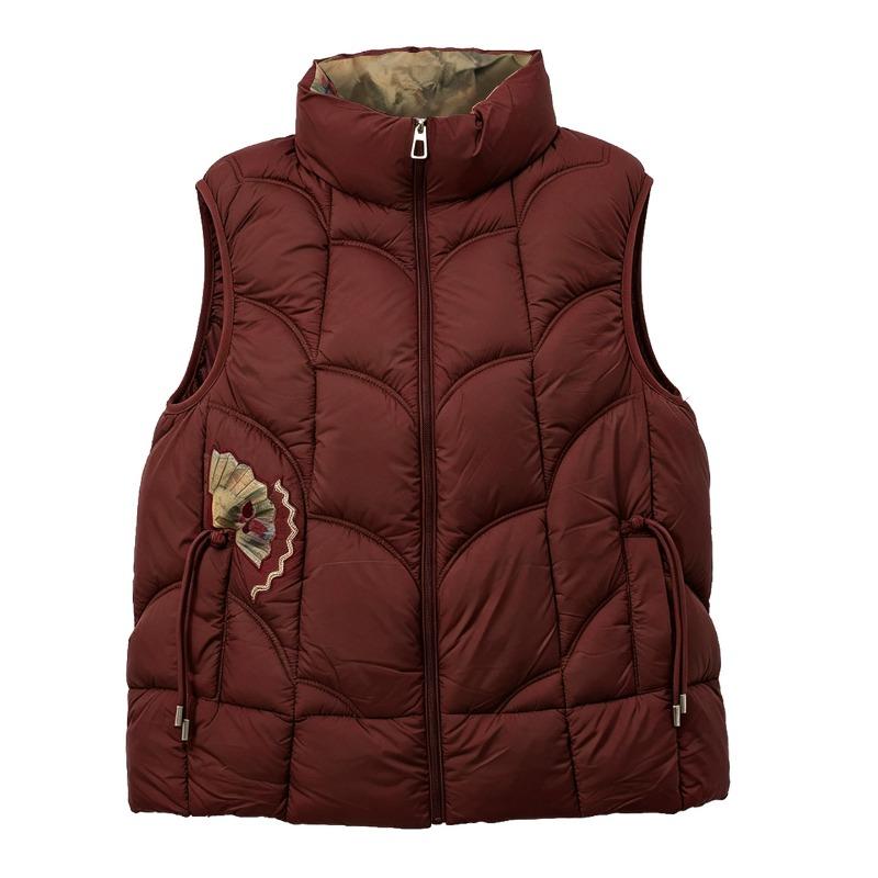 Women S Thin Cotton Vest High Stand Collar Quilted Ginkgo Embroidery Home Commute