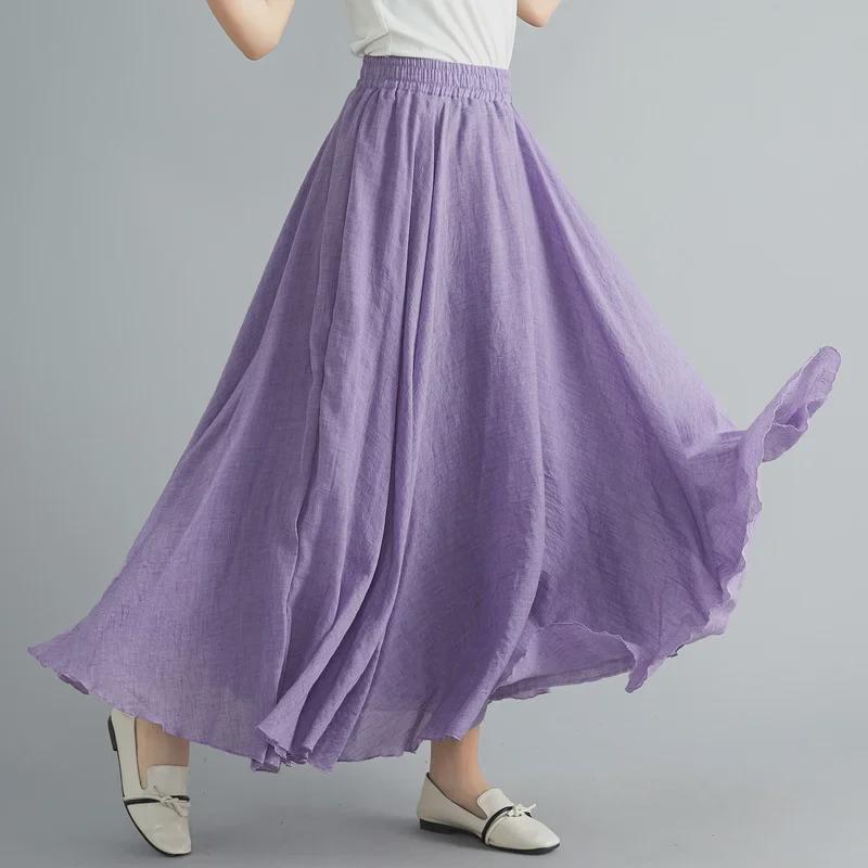 "Mori Girl Plus Size Cotton-Linen Elastic Waist A-Line Skirt, Ethnic Style, 24 Solid Colors"