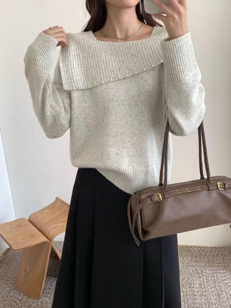 2026 Autumn Korean Style Elegant Beaded Lapel One-Shoulder Knit Sweater