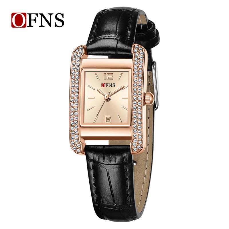 OFNS Elegant Women's Square Dial Watch: Simple Niche Bar Markers, Waterproof, Luxury Diamond Inlaid Quartz.