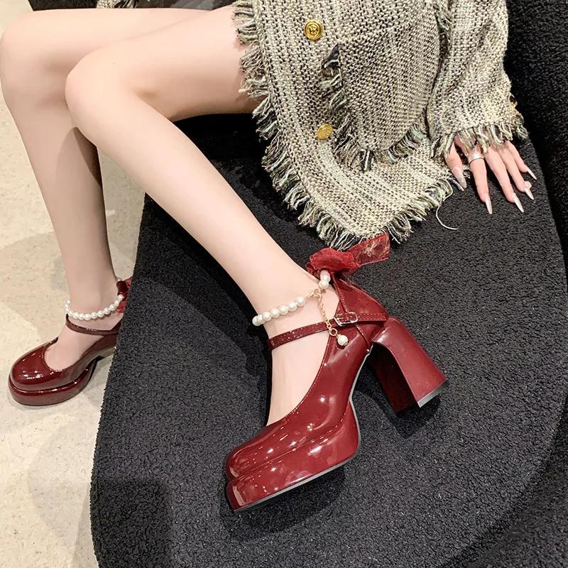 Bow Bead Mary Jane Shoes Pearl Chain Luxury Shoes for Women Coarse Order Platform Shoes Lolita White High Heels Zapatos De Mujer