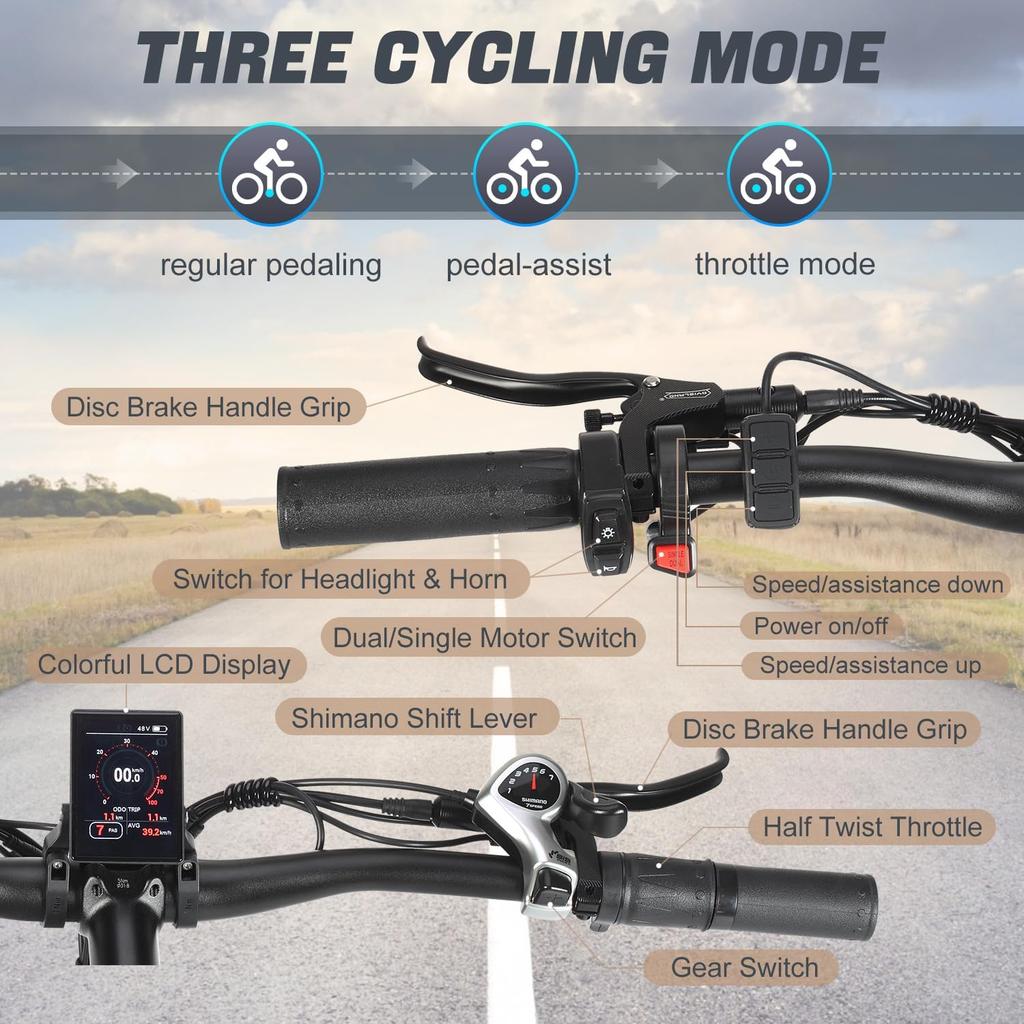 Electric Bicycle Philodo Jumbo 1500Wx2 Peak Motor 26" Fat Tire Full Suspension Electric  Bike For Adults 48V 46AH Dual Hydraulic Brake Max Load 150kg