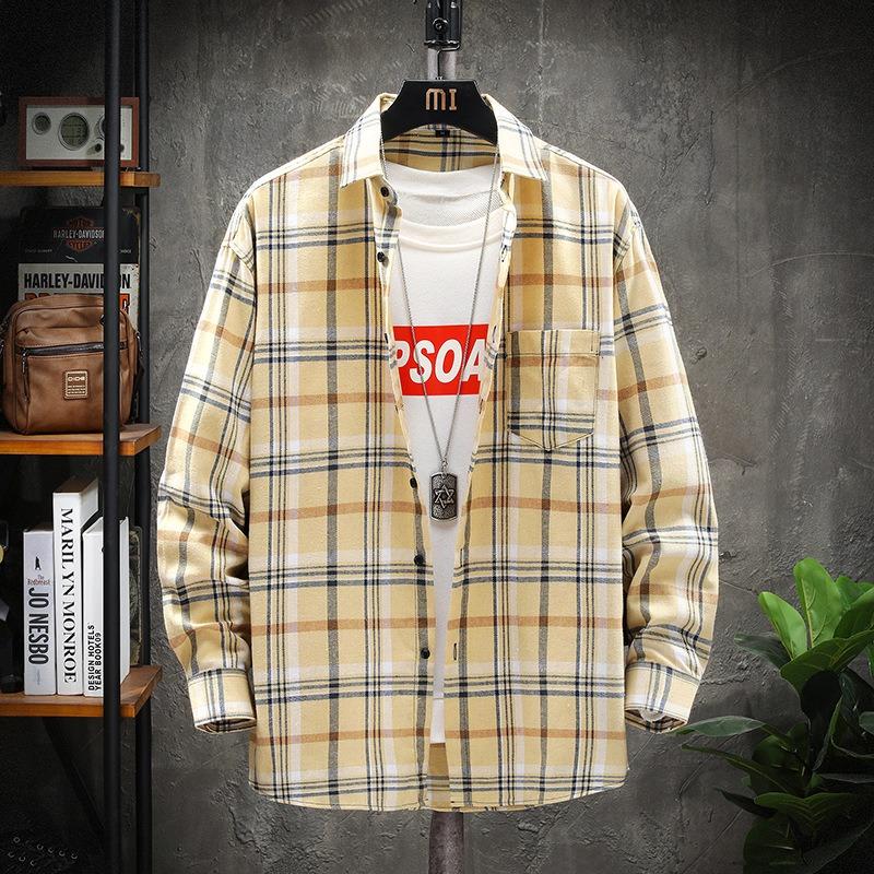 Men Casual Loose Plaid Turn Down Collar Long Sleeve Fashion Shirt