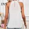 Sexy Back Button Vest Women Halter Neck Solid Color Lace Decoration Blouse Tops Hollow Stitching Casual Button-up Cami