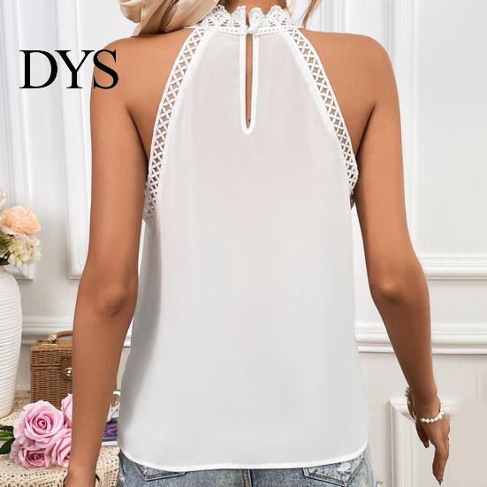 Sexy Back Button Vest Women Halter Neck Solid Color Lace Decoration Blouse Tops Hollow Stitching Casual Button-up Cami