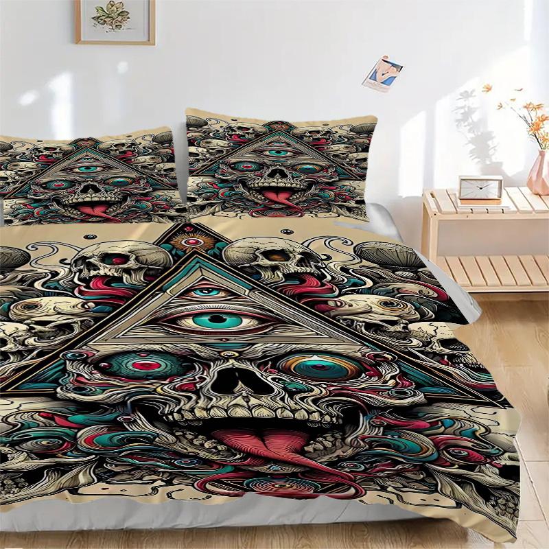 3pcs Anime Skulls & Pyramids Comforter Set with One Quilt Cover and Two Pillowcases (No Core) - Home Decor, Festival Gift, Polyester Fabric, Bedroom a