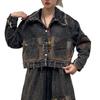 Womens Vintage Denim 2-Piece Set Loose Long Sleeve Jacket Harem Pants Fashion