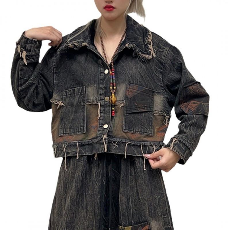 Womens Vintage Denim 2-Piece Set Loose Long Sleeve Jacket Harem Pants Fashion