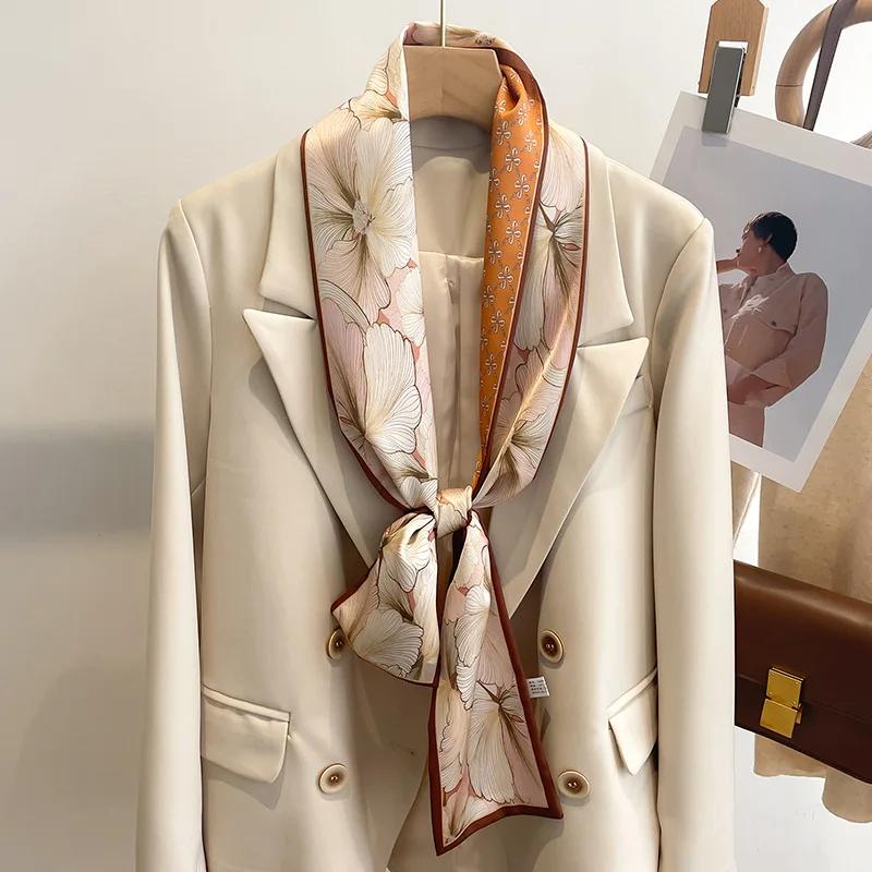 Fashion New Small Silk Scarf Women Tie Bag Headband Flower Printing Hairband Korean Style Neckerchief Ribbon Luxury Brand