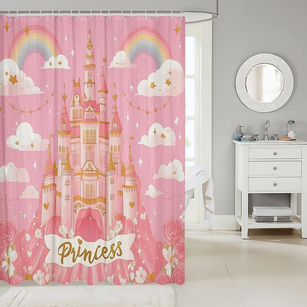 Pink Castle Bathroom Shower Curtain Girly Princess Themed Pattern shower Curtain,Rainbow Glitter Flowers Fabric Shower Curtain