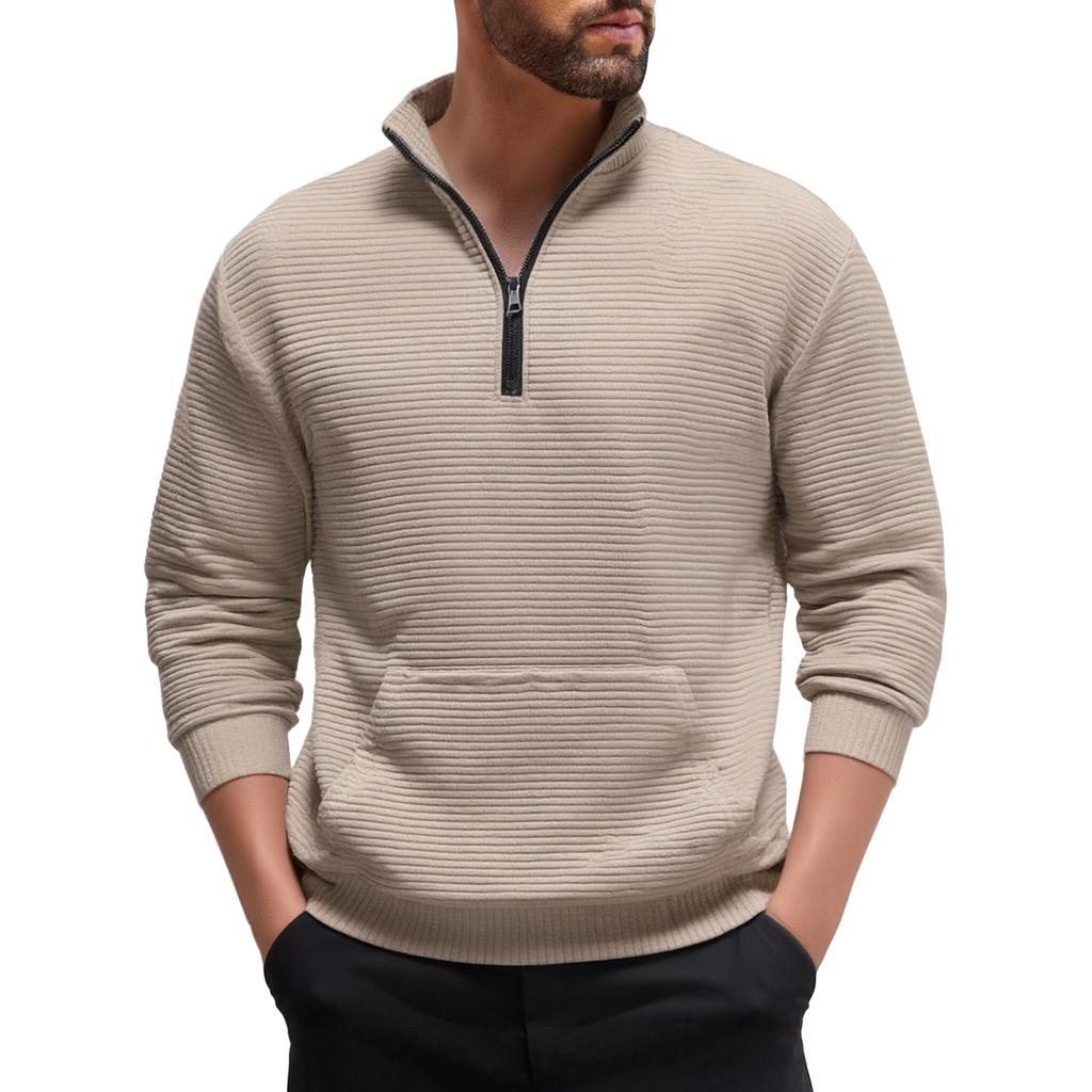 Men's Casual Sports Long-sleeved Thickened Sweatshirt, Men's Stand-up Collar Semi-zipper Striped Texture Top