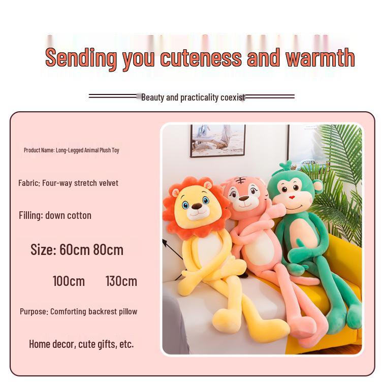 Long-Legged Forest Animal Plush Toy - Lion, Tiger, Monkey Pillow & Stuffed Doll Gift for Girls
