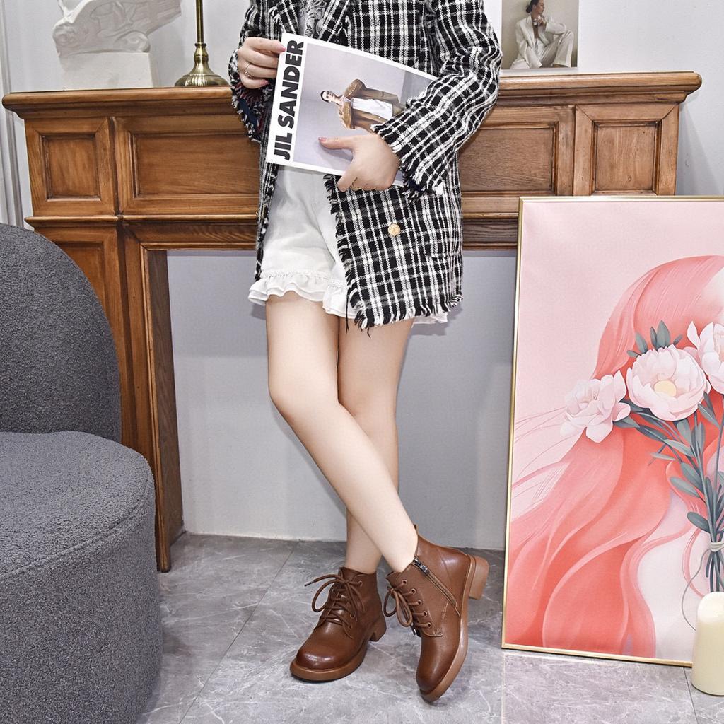 Martin boots women's 2025 autumn and winter new round head flat bottom cowhide short boots comfortable casual British style women's cotton boots lea