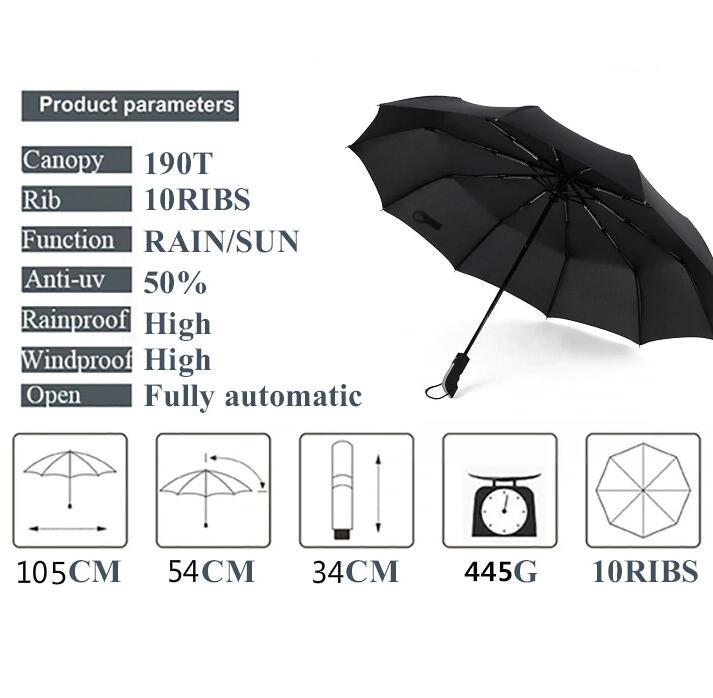 10 Ribs Automatic Travel Umbrella Auto Open Close Compact Folding Rain Windproof
