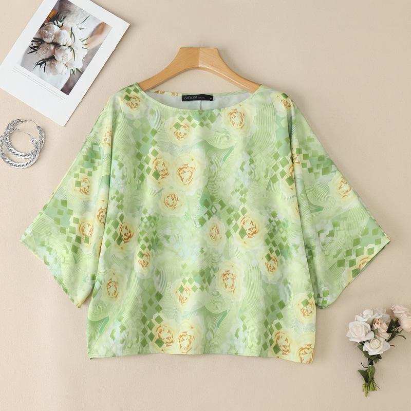 

ZANZEA Женская повседневная блузка с круглым вырезом, свободным рукавом 3/4 и принтом 5XL зелёный