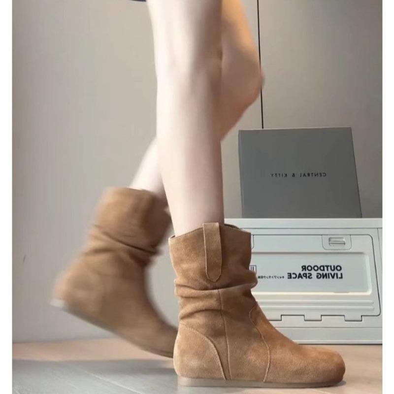 Retro round head western cowboy boots autumn new thin versatile Martin boots niche boots casual Martin boots