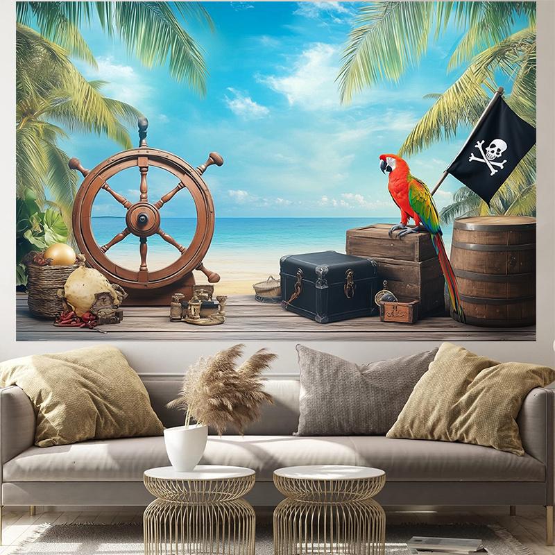 1 Piratenschatzkarten-Hintergrund - Banner für eine Party mit Meeresmotto mit Schatztruhe, Papagei und Holzrädern Piraten-Geburtstag