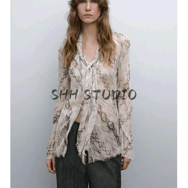 MD Spring New Women's Clothing French Style Semi See-through Light and Elegant Snake Pattern Scarf Collar Long Sleeves Shirt 5113882