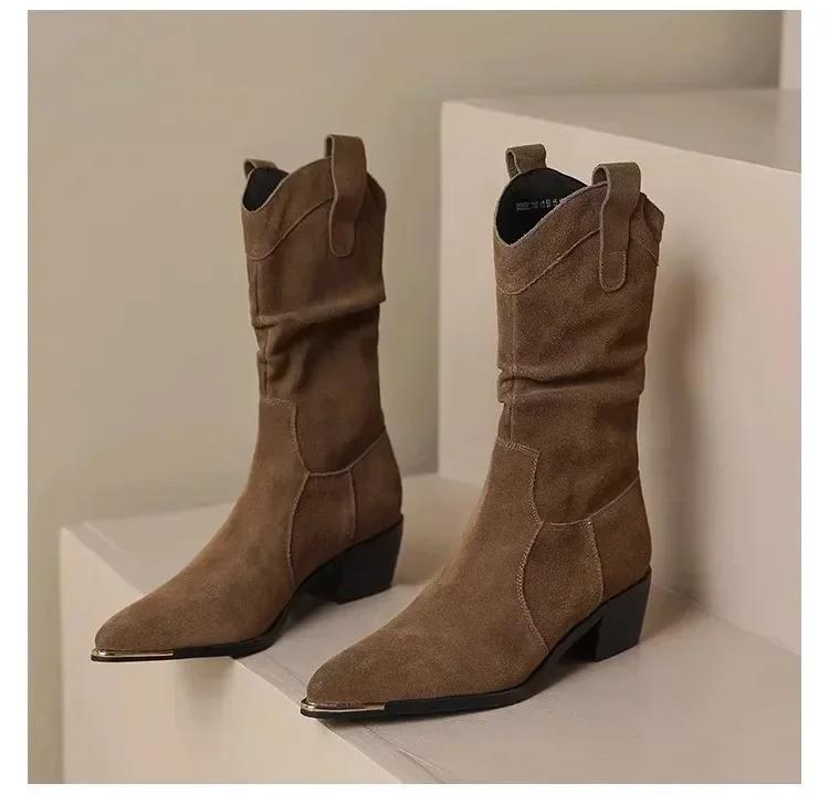 Dames Plissé Hoge Hakken Laarzen Puntige Neus Denim Enkellaarsjes voor Dames Herfst Winter Mode Retro Westerse Cowgirl Botas