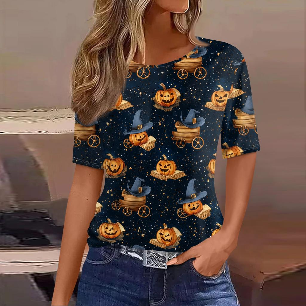 Women's Casual Halloween Short Sleeve Pullover Top Bat Pumpkin Print Round Neck Relaxed Fit Shirt for Fall